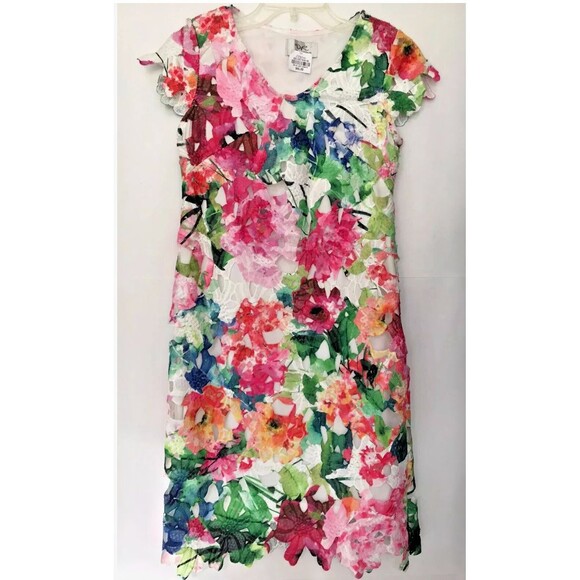 Donna Ricco Pink Multi Floral Dress Sz 4 Side Zipper Cut Out Sheath Women Whimsy - Picture 4 of 9